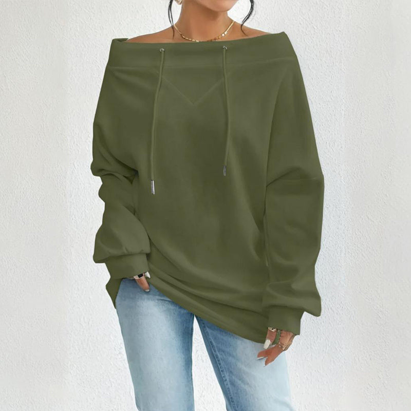 Plus Size Women's Solid Color Off-Shoulder Long Sleeve Pullover