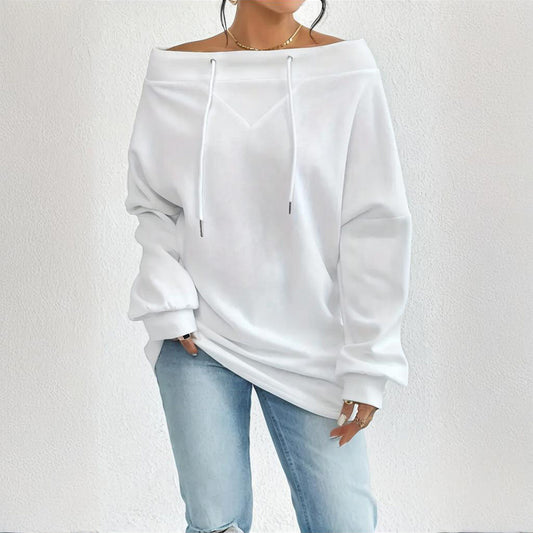 Plus Size Women's Solid Color Off-Shoulder Long Sleeve Pullover