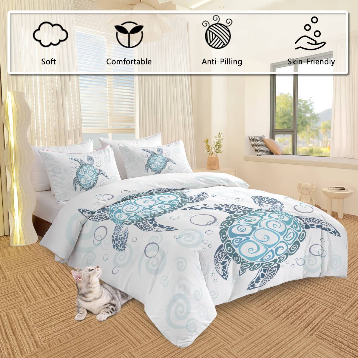 Turtle Bed Sets Ocean 3 Piece Turtle Themed  With 2 Pillowcases
