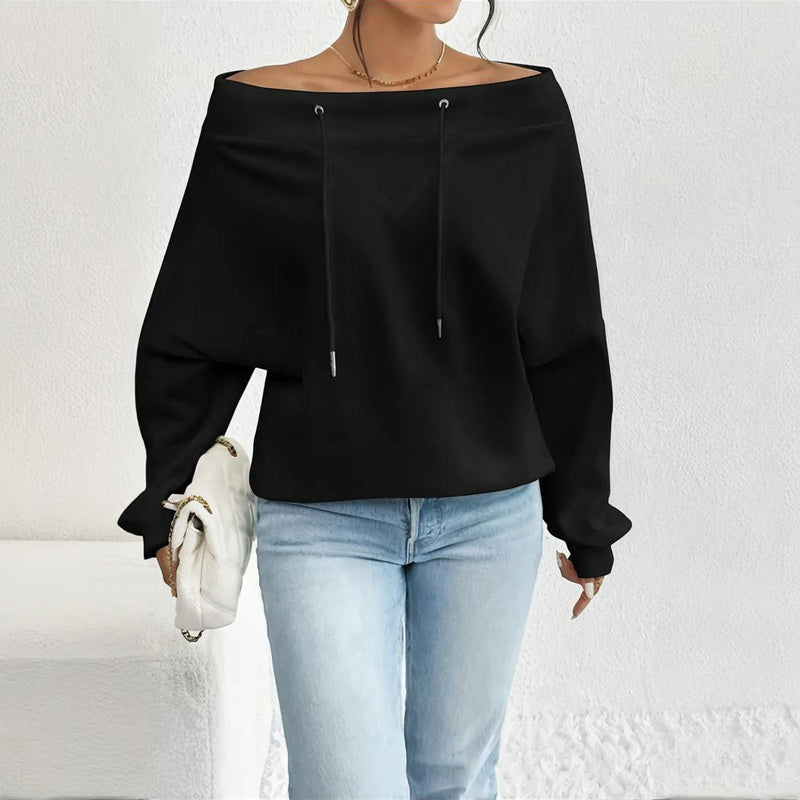 Plus Size Women's Solid Color Off-Shoulder Long Sleeve Pullover