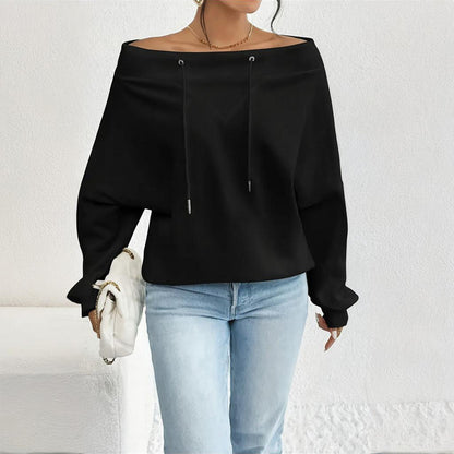 Plus Size Women's Solid Color Off-Shoulder Long Sleeve Pullover