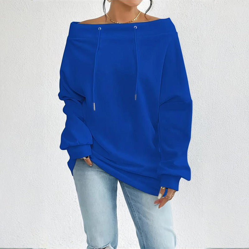 Plus Size Women's Solid Color Off-Shoulder Long Sleeve Pullover