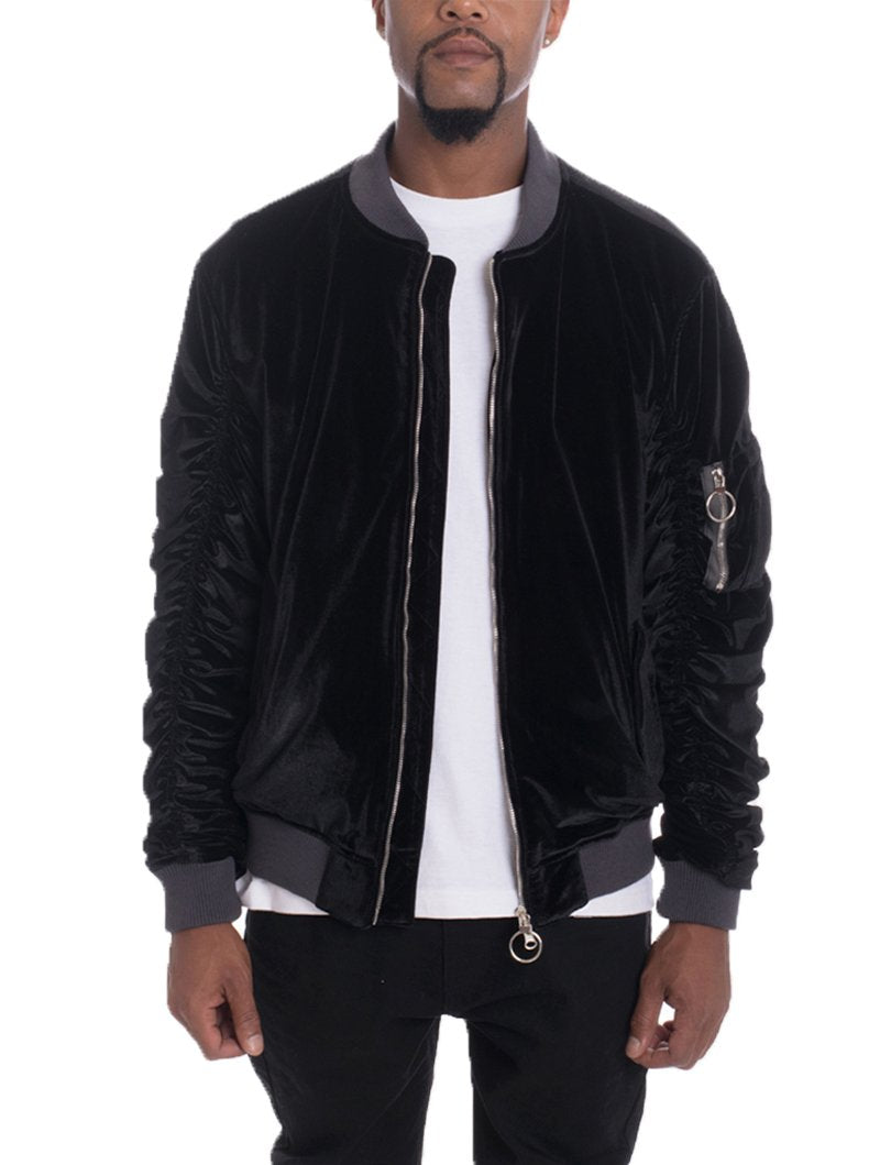Velor Cinch Sleeve Bomber Jacket