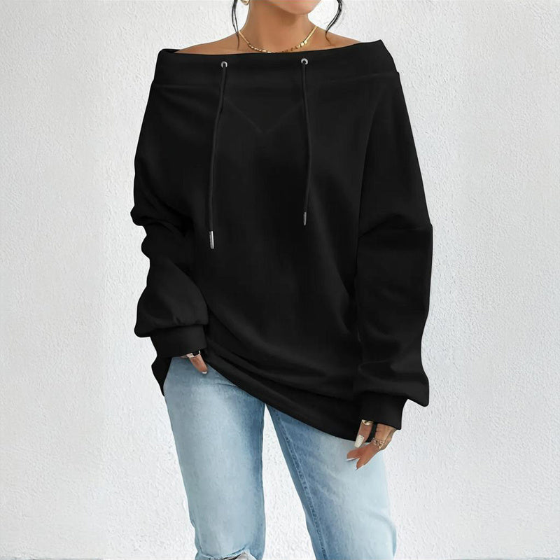 Plus Size Women's Solid Color Off-Shoulder Long Sleeve Pullover