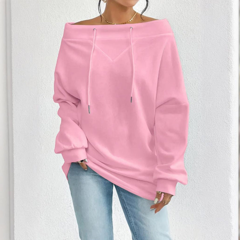 Plus Size Women's Solid Color Off-Shoulder Long Sleeve Pullover