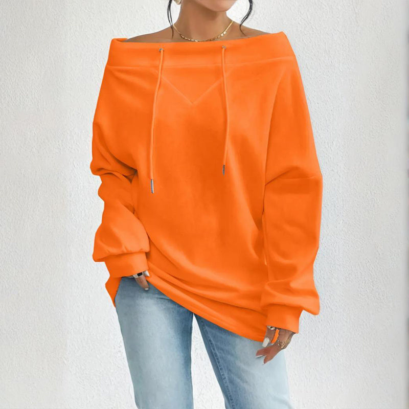 Plus Size Women's Solid Color Off-Shoulder Long Sleeve Pullover