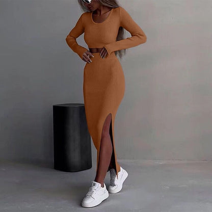 Solid Color Knitted Long-sleeve Suit Half-length Slit Sheath Skirt Two Pieces