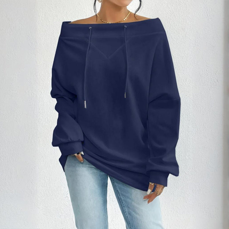 Plus Size Women's Solid Color Off-Shoulder Long Sleeve Pullover